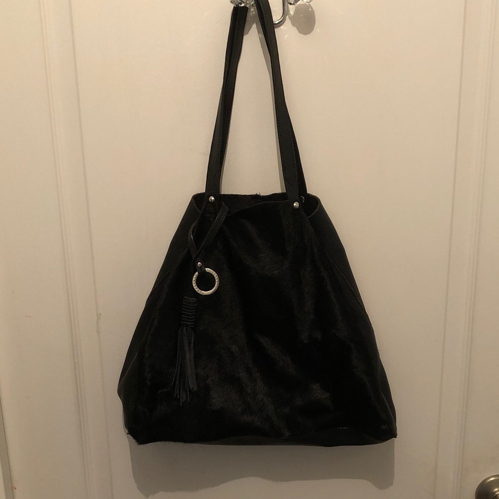 Sanctuary Black Leather Shoulder Bag with fur front and Tassel